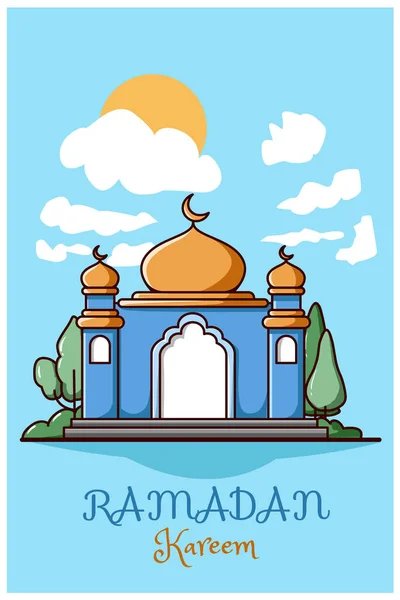 Gökyüzü Arkaplanlı Sarı Mavi Cami Ramazan Kareem Çizgi Film Illüstrasyonu — Stok Vektör