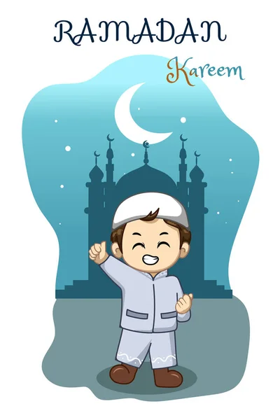 Piccolo Ragazzo Felice Ramadan Kareem Notte Cartone Animato Illustrazione — Vettoriale Stock