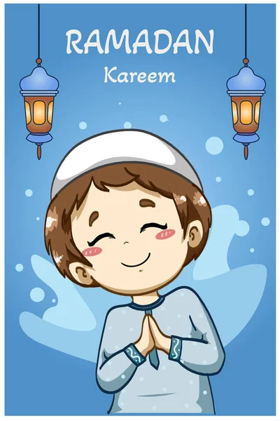 Gelukkig Moslim Jongen Groeten Ramadan Kareem Cartoon Illustratie — Stockvector