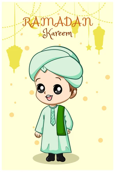Bonito Menino Muçulmano Ramadã Mubarak Desenho Animado Ilustração — Vetor de Stock