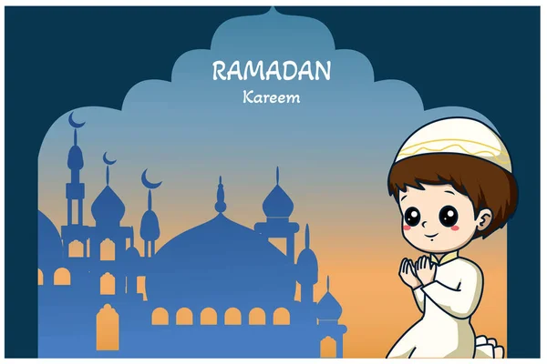 Küçük Müslüman Çocuk Camide Namaz Kılıyor Ramazan Kareem Çizgi Film — Stok Vektör