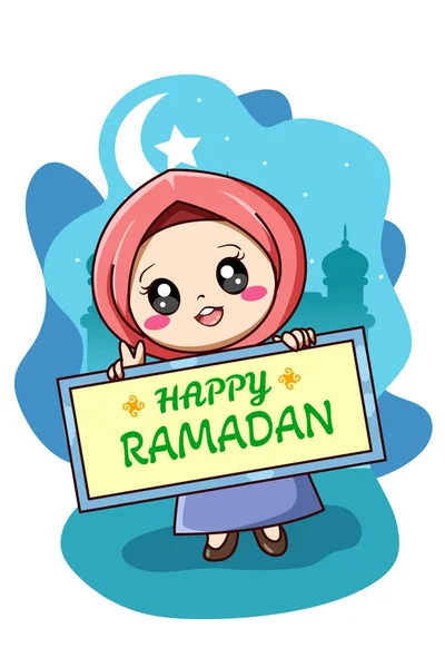 Menina Muçulmana Com Feliz Ramadã Kareem Quadro Desenho Animado Ilustração — Vetor de Stock