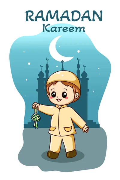 Счастливый Пост Мусульманского Мальчика Иллюстрации Мультфильму Рамадан — стоковый вектор