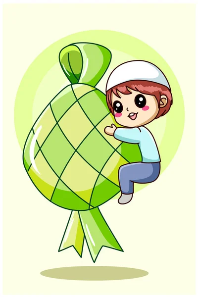 Schattige Moslim Jongen Met Ramadan Voedsel Cartoon Illustratie — Stockvector