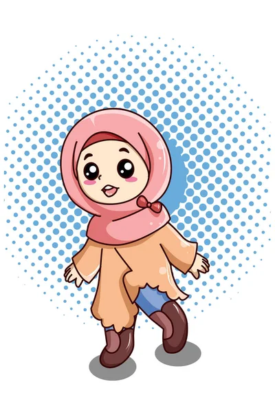 ラマダーン漫画のイラストで幸せと面白い小さなイスラム教徒の女の子 — ストックベクタ