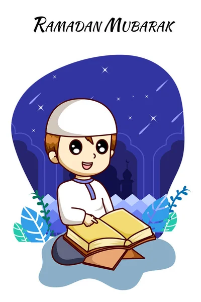 Söt Och Glad Muselman Pojke Läsa Koranen Ramadan Kareem Tecknad — Stock vektor