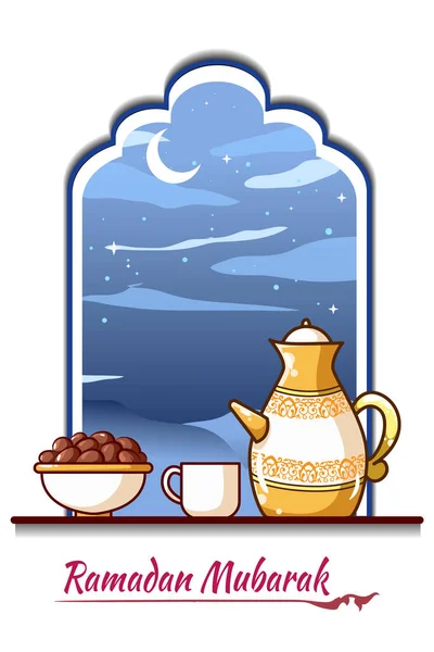 Ramazan Gecesi Karikatür Çizimlerinde Çaydanlık Bardak — Stok Vektör