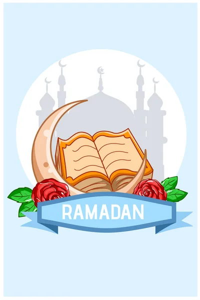 Měsíc Koránem Kresleném Obrázku Ramadána Mubáraka — Stockový vektor