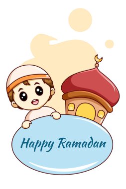 Camii Ramazan Kareem karikatürlü şirin Müslüman çocuk.