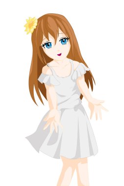 İki eli açık, beyaz arka planı mavi elbiseli anime kız.