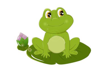 Lotus bitkisinin üzerinde kahverengi gözlü ızgara kurbağa gülümsemesi, hayvan çizgi film çizimi çizimi