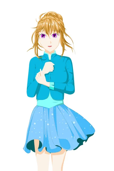 Anime Dziewczyna Brązowymi Włosami Związane Pomocą Niebieskiej Spódnicy Kurtki — Wektor stockowy