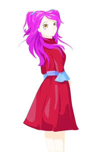 Anime Girl Purple Hair Eyes Brown Used Red Outfit Tree — Stock Vector