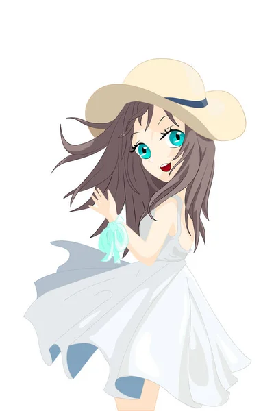 Anime Menina Cabelo Longo Marrom Usando Vestido Branco Chapéu Amarelo —  Vetores de Stock