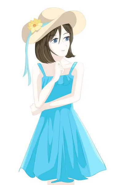 Anime Gadis Musim Panas Menggunakan Gaun Biru Dan Topi Kuning - Stok Vektor
