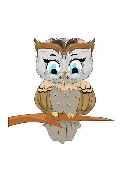 Little Owl Blue Eyes Tree Branch Design Cartoon Vector Illustration — Stock Vector