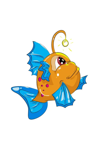 Little Happy Blue Orange Fishlamp Red Eyes Design Animal Cartoon — Stock Vector