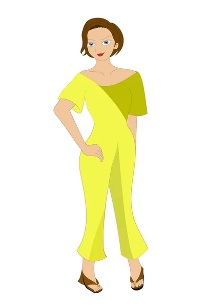 Плоский Дизайн Женщина Короткие Каштановые Волосы Желтым Нарядом — стоковый вектор