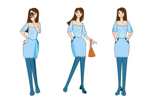 Flaches Design Charakter Mädchen Mit Blauem Outfit Drei Bündel — Stockvektor