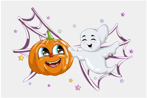 Ilustracja Cute Little White Ghost Zabawy Cute Halloween Dyni Pająka — Wektor stockowy