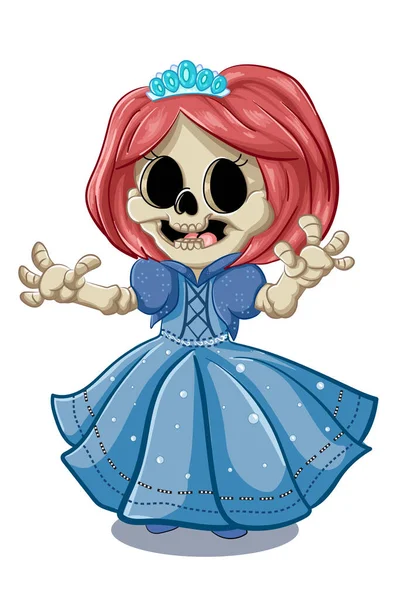 Cute Skull Wearing Princess Dress Blue Crown Illustration — Stock Vector