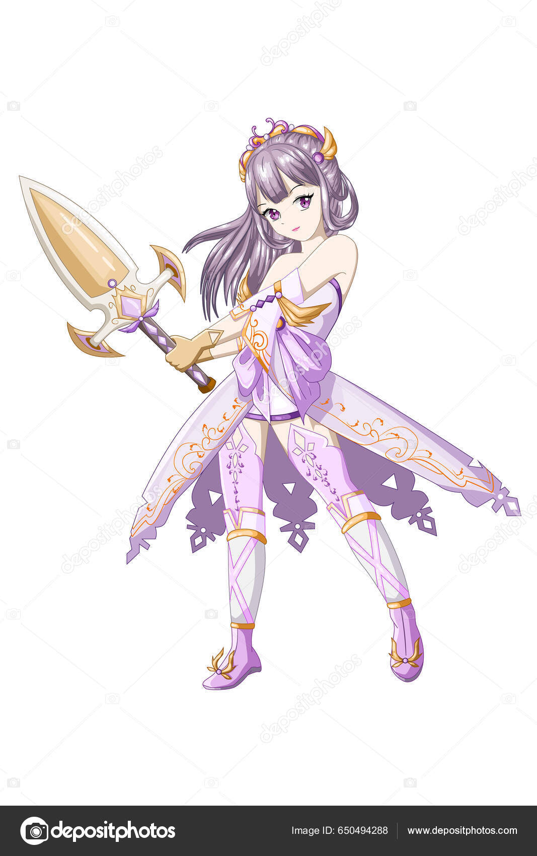 黄色い紫の衣装を着たアニメの女の子紫色の髪と剣をもたらす ストック
