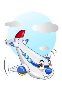 Mavi gökyüzünde beyaz mavi uçak karikatürü.