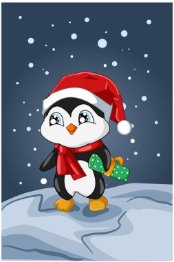 Kışın Noel şapkası takan küçük ve sevimli bir bebek penguen.
