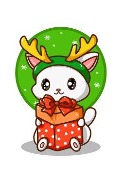 Noel hediyesi taşıyan beyaz bir kedi Ren geyiği boynuzu bandı takıyor