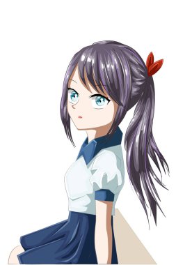 Güzel bir anime kızı mor saçlı beyaz mavi üniformalı.
