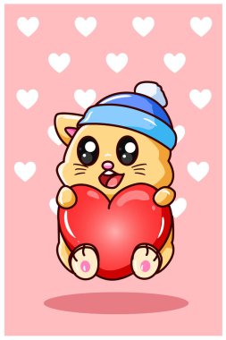 Kawaii ve Sevgililer Günü çizgi filminde aşık komik kedi.