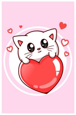 Büyük kalp karikatüründeki sevimli kedi.