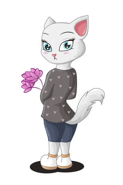 Design Postava Bílá Kočka Stojící Dvěma Růžovými Květy Vektorové Ilustrace — Stockový vektor