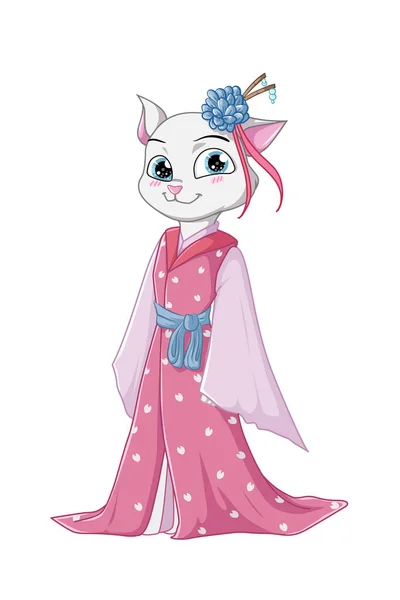 Piękny Biały Kot Nosi Różową Kimono Sukienkę Zapięcie Kwiat — Wektor stockowy