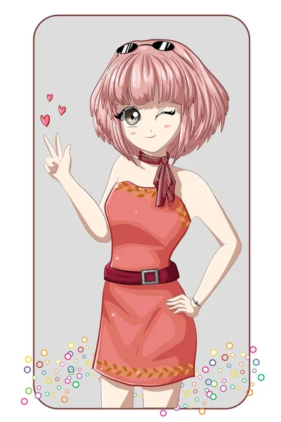Beautiful Anime Girl Japanese Wearing Pink Mini Dress Pink Short — Stock Vector