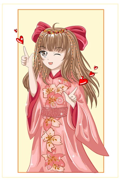 Beautiful Anime Girl Japanese Brown Hair Wearing Pink Kimono Red — Stock Vector