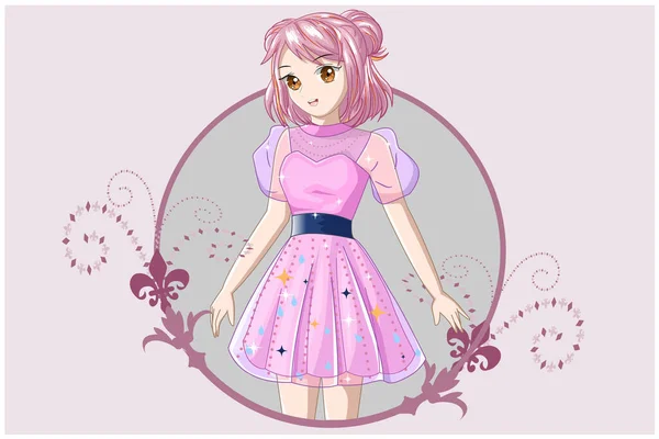 粉红短发 穿着粉红连衣裙的女孩 — 图库矢量图片