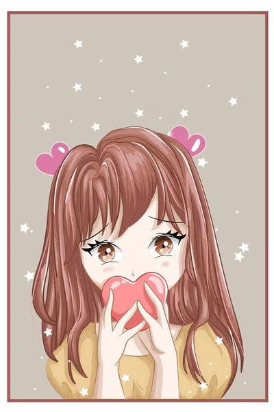 Karakter Gaya Anime Seorang Gadis Berambut Coklat Dengan Latar Belakang - Stok Vektor