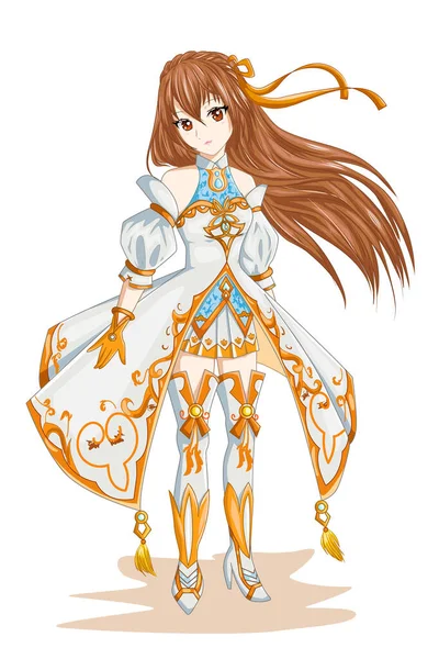 Anime Ragazza Capelli Marrone Con Oro Bianco Costume Personaggio Illustrazione — Vettoriale Stock