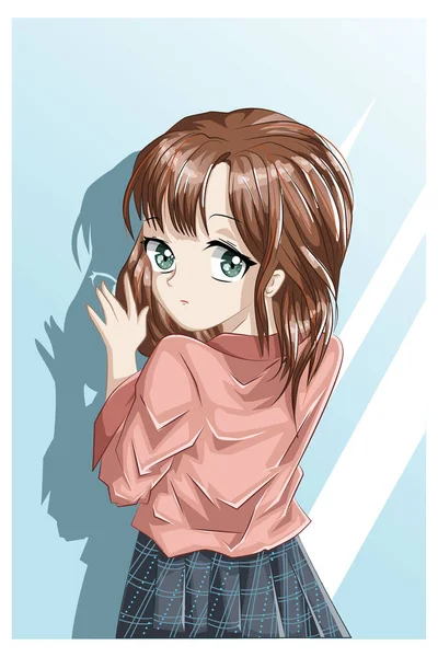 Piękny Anime Dziewczyna Brązowe Włosy Zielonymi Oczami — Wektor stockowy