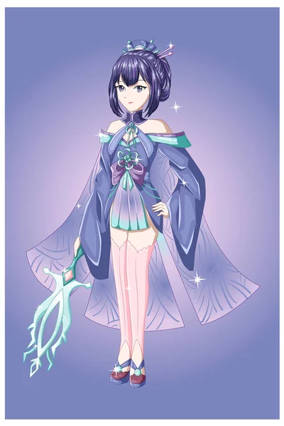 Una Bella Ragazza Anime Capelli Viola Con Blu Costume Viola — Vettoriale Stock