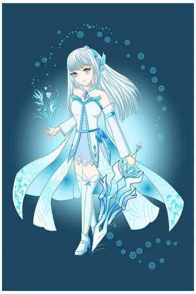 Anime Menina Marrom Branco Com Traje Azul Branco Trazer Espada — Vetor de Stock