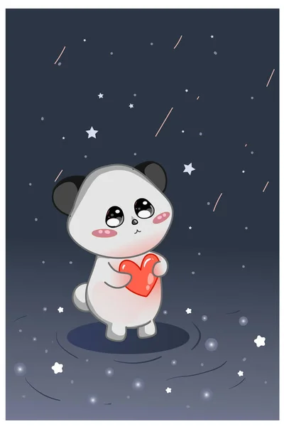 Panda Mignon Avec Amour Dans Ciel Nocturne Illustration — Image vectorielle