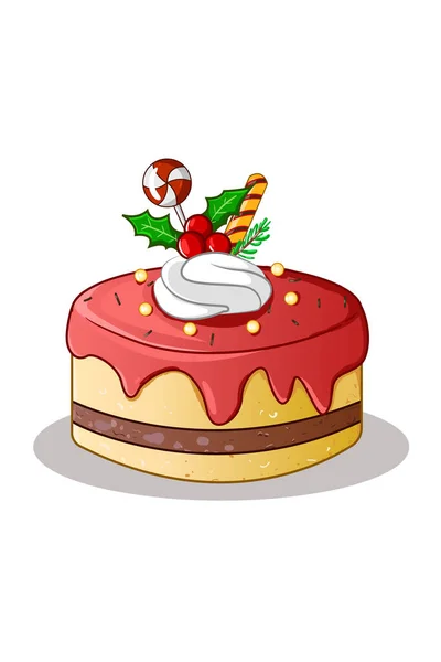 Ein Roter Gelber Teerkuchen Weihnachtsthema Mit Süßigkeiten Und Stechpalmen — Stockvektor