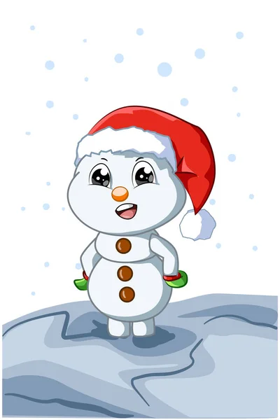 Маленький Милий Сніговик Різдвяній Шапці Зимову Ніч — стоковий вектор