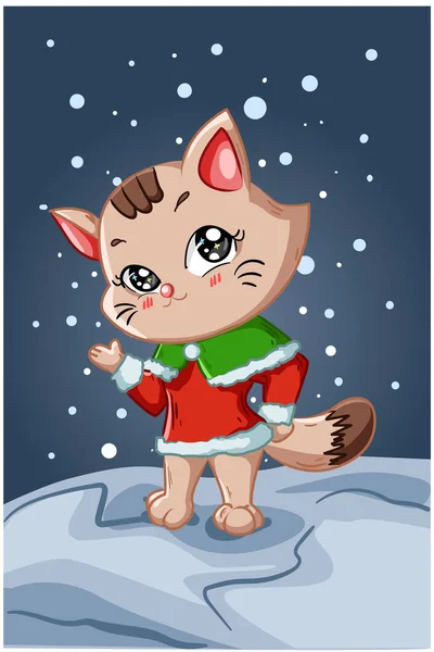 Petit Beau Chat Brun Portant Costume Noël Dans Nuit Hiver — Image vectorielle