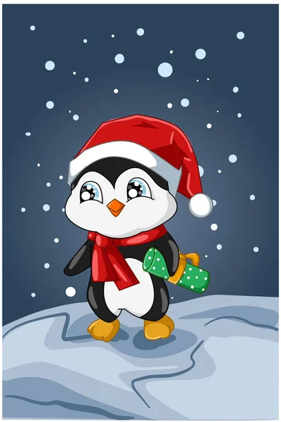 Маленький Милий Дитячий Пінгвін Різдвяному Капелюсі Взимку — стоковий вектор