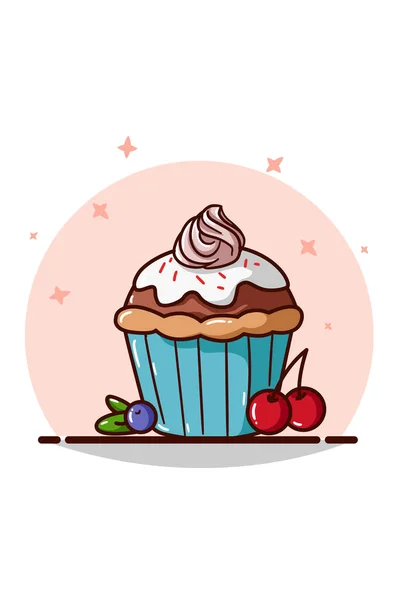 Een Cupcake Met Roze Room Kers Bosbessen — Stockvector