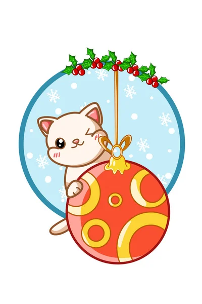 Lindo Gato Bola Navidad Con Hojas Acebo — Vector de stock