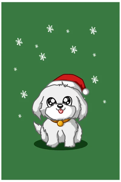 Perro Blanco Con Sombrero Navidad Sobre Fondo Verde — Vector de stock